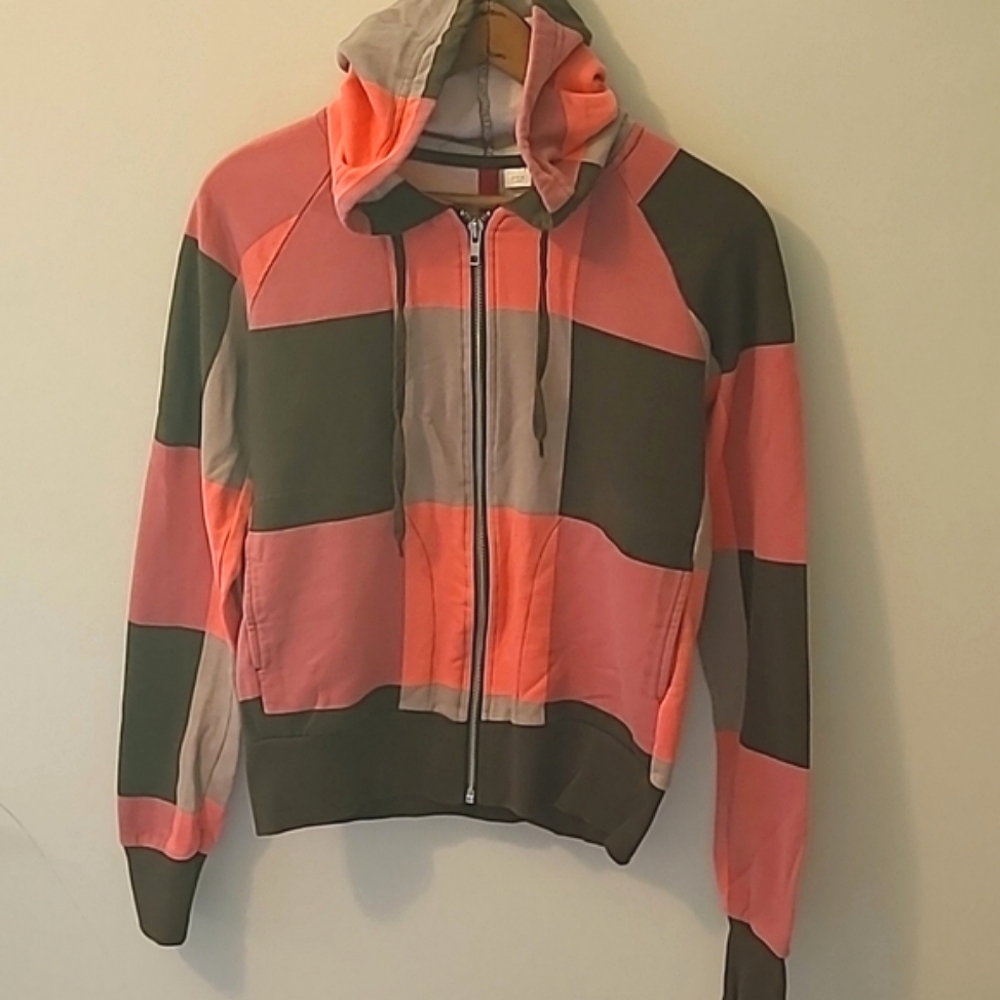 Y2K Zipup hoodie Color Blocks Pink/brown, side pockets Long Sleeve Size 10.